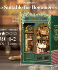 Owl Bookstore Book Nook Kit For Beginners And Teens, DIY Miniature House For Dollhouse Lovers, front view with assembly info