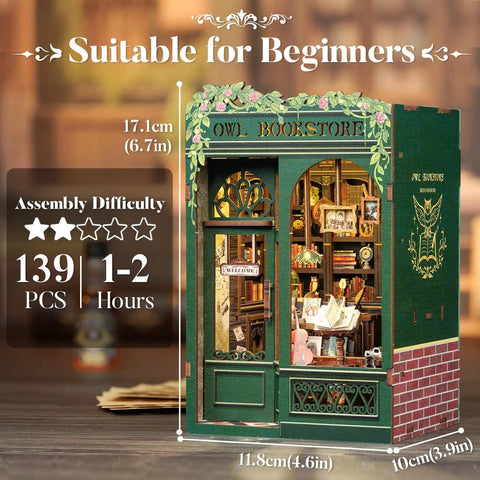 Owl Bookstore Book Nook Kit For Beginners And Teens, DIY Miniature House For Dollhouse Lovers, front view with assembly info