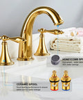 Slick Polished Gold Brass Widespread Bathroom Faucet 3 Hole Mount With Dual Handles Ceramic Cartridge Includes Water Supply Lines Rust And Corrosion Resistant
