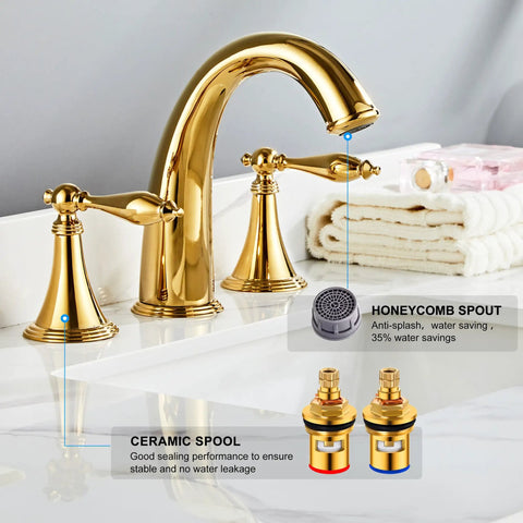 Slick Polished Gold Brass Widespread Bathroom Faucet 3 Hole Mount With Dual Handles Ceramic Cartridge Includes Water Supply Lines Rust And Corrosion Resistant