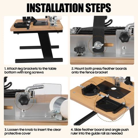 Installation steps for Benchtop Router Table With Heavy Duty Stand And Precision Adjustable Fence, Durable MDF Surface.