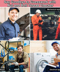 Repair tools collage showing car mechanic with wrench, machine shop workers, bike repair, and appliance service.