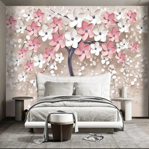 3D Relief Abstraction Pink Flower Tree Mural For Bedroom And Living Room, 160 X 108 Inch Fabric Wallpaper Not Peel And Stick