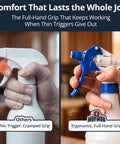 Comparison of shop grade drip proof spray trigger heads showing ergonomic grip vs. cramped trigger design.