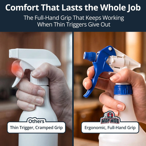 Comparison of shop grade drip proof spray trigger heads showing ergonomic grip vs. cramped trigger design.