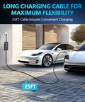Heavy Duty Portable EV Charger Level 2, 32 Amp 25 FT Cord plugged into two electric cars for convenient charging.