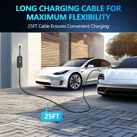 Heavy Duty Portable EV Charger Level 2, 32 Amp 25 FT Cord plugged into two electric cars for convenient charging.