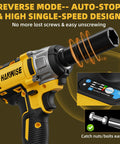 Close-up of Hanwise 20V Cordless Impact Wrench showing reverse mode and auto-stop feature for easy unscrewing.