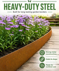 Pre Rusted Cor Ten Steel Landscape Edging Kit With 4.5 Inch Low Profile Border showing in garden beside purple flowers