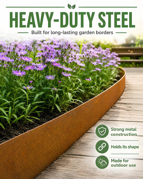 Pre Rusted Cor Ten Steel Landscape Edging Kit With 4.5 Inch Low Profile Border showing in garden beside purple flowers