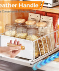 Top Shelf Pull Out Cabinet Organizer With Adhesive Nano Film Hella Sturdy Slide Out Pantry Shelves And Sliding Mesh Basket With Handle For Kitchen Bathroom And Home 11 Point 8 By 15 Point 7 By 6 Point 2 Inches White with leather handle and contents