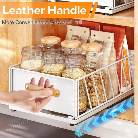 Top Shelf Pull Out Cabinet Organizer With Adhesive Nano Film Hella Sturdy Slide Out Pantry Shelves And Sliding Mesh Basket With Handle For Kitchen Bathroom And Home 11 Point 8 By 15 Point 7 By 6 Point 2 Inches White with leather handle and contents
