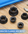 15 Pcs Serrated Flange Hex Nut Set M10 1.5 Coarse Thread Carbon Steel Black Oxide Workhorse Lock Nuts on wood surface