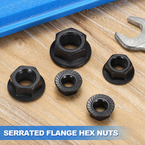 15 Pcs Serrated Flange Hex Nut Set M10 1.5 Coarse Thread Carbon Steel Black Oxide Workhorse Lock Nuts on wood surface