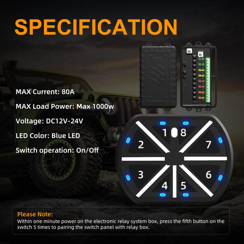 8 Gang Switch Panel With Remote Wireless Control For Cars Trucks Boats UTVs SUVs RVs 12V To 24V DC 80A Max 1200W Blue LED