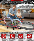 Father and child playing with 3 In 1 Slot Car Race Track Set With 4 High Speed Cars Includes Circular Overpass And Flash Tracks 1 To 43 Scale Remote Control Racing Easy Build Auto Lap Counter Perfect Gift For Adults And Kids 6 7 8 9 10 12 Year Olds Fam Friendly Fun in living room