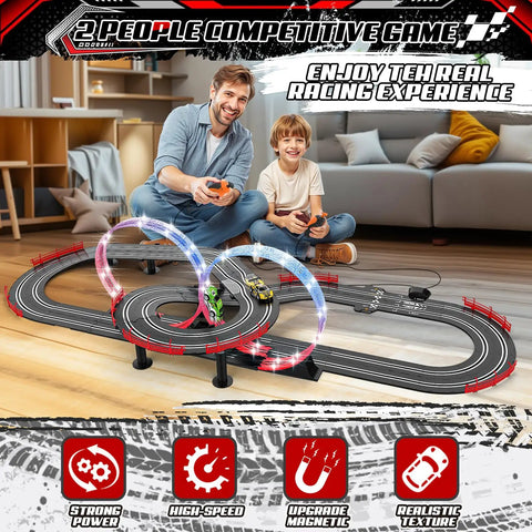 Father and child playing with 3 In 1 Slot Car Race Track Set With 4 High Speed Cars Includes Circular Overpass And Flash Tracks 1 To 43 Scale Remote Control Racing Easy Build Auto Lap Counter Perfect Gift For Adults And Kids 6 7 8 9 10 12 Year Olds Fam Friendly Fun in living room