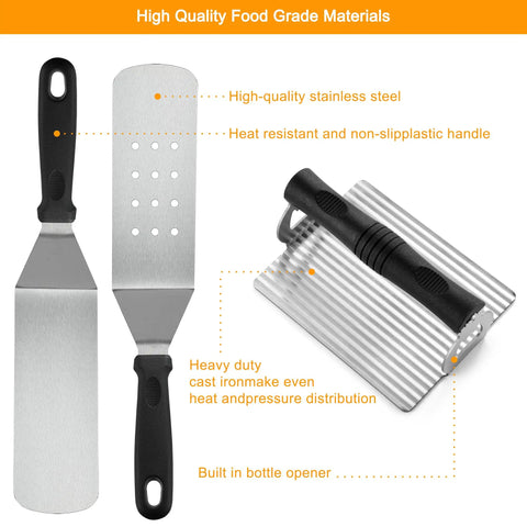 28 Piece Griddle Accessories Kit For Indoor Or Outdoor BBQ with extra-wide spatula and heavy-duty cast iron griddle press