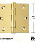 Solid Brass Ball Bearing Door Hinges, Heavy Duty Polished Gold Finish, 3.5 X 3.5 Inch, close-up of durable shiny brass hardware