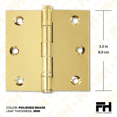 Beefy Heavy Duty Ball Bearing Solid Brass Door Hinge 3.5 x 3.5 Inches Polished Shiny Gold Finish With Decorative Screw On Tips Included