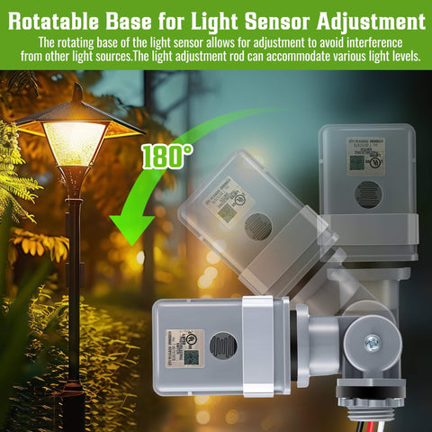 Two Pack Photocell Sensor For Outdoor Lights 120 Volt Alternating Current 50 60 Hertz IP54 Waterproof Swivel Mount Dusk To Dawn Photoelectric Switch For Backyard Lighting UL Certified Weatherproof Exterior Sensor Hardwired
