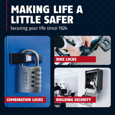 Image showing combination lock, bike locks, and building security features with the text 'Making Life a Little Safer'