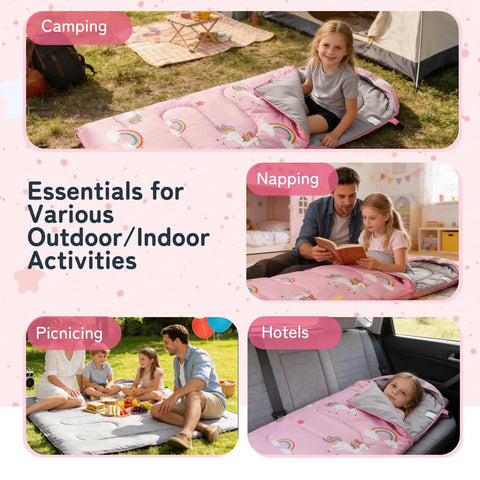Kids Sleeping Bag For 3 4 Seasons With Compression Sack Lightweight 2.2 Lbs Camping Gear Pink 63x26 Inches in various settings