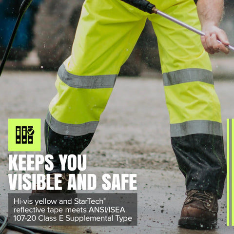 Hi Vis Ripstop Waterproof Bib Pants For Men in high visibility yellow with reflective tape, suitable for wet conditions.
