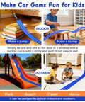 Children playing with Flexible Race Track Set indoors and outdoors, showing loops and ramps, highlighted in a blue color.