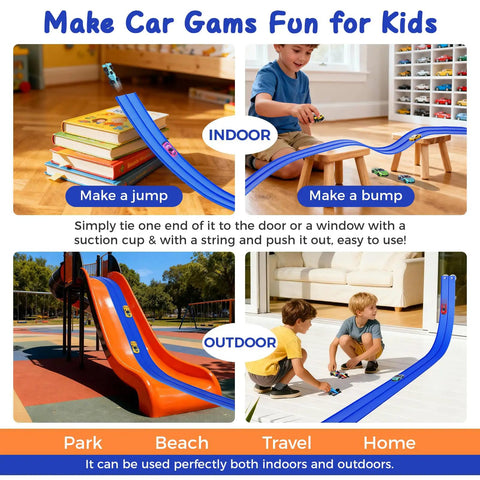 Children playing with Flexible Race Track Set indoors and outdoors, showing loops and ramps, highlighted in a blue color.