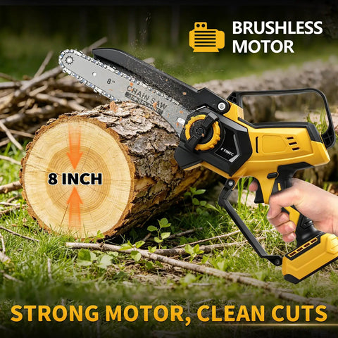 Slick 4 In 1 Cordless Pole Saw And Electric Pruning Shears Kit features 8 inch chainsaw attachment cutting through log