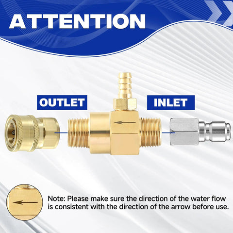 Downstream Injector For Pressure Washer With 3/8 Inch Quick Connect And 10 Ft Siphon Hose showing inlet and outlet directions