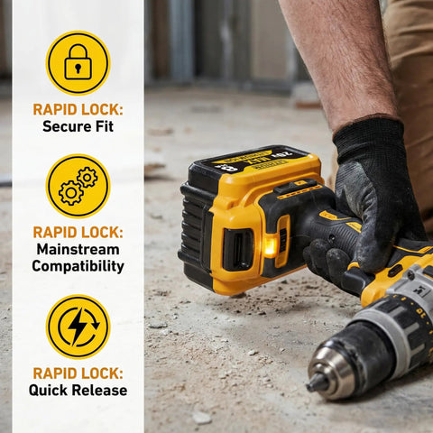 Rock Solid Heavy Duty 2 Pack 8 Ah Rechargeable Lithium Ion Battery Compatible With DeWalt 20V Max Power Tools for drills in use.