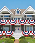Six Pack 3x6 Ft Pleated American Flag Bunting for outdoor decor on large porch, patriotic red white and blue banner set displayed.