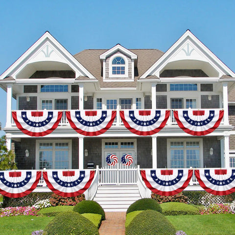 Six Pack 3x6 Ft Pleated American Flag Bunting for outdoor decor on large porch, patriotic red white and blue banner set displayed.
