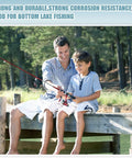 Father and son fishing on a dock using the 140 Piece Egg Sinkers Fishing Kit With Removable Oval Sinkers as they enjoy nature.