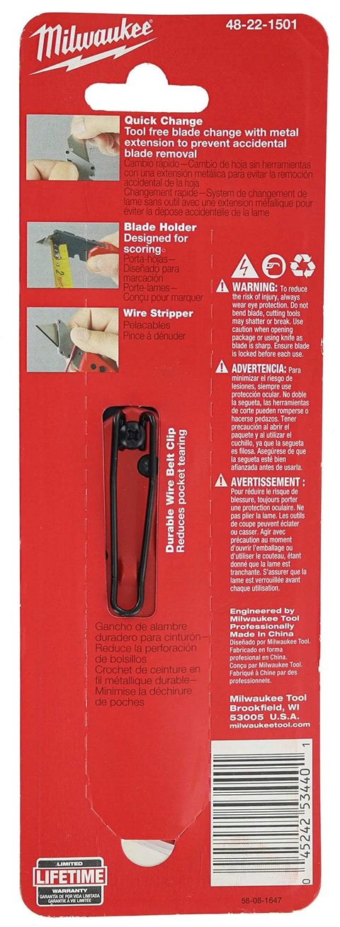 Back packaging of Fastback Folding Utility Knife With Wire Stripper And Gut Hook, Quick Blade Change, showing product features.