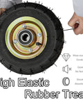 Real Deal Heavy Duty Caster Wheels Eight And Ten Inch Swivel Brake Outdoor Casters For Yard Cart Hauling One Thousand One Hundred Pound Load Rating Smooth Roll Rubber Tires Mounting Kit showing high elastic rubber tread and metal hub.