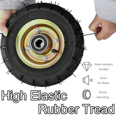 Real Deal Heavy Duty Caster Wheels Eight And Ten Inch Swivel Brake Outdoor Casters For Yard Cart Hauling One Thousand One Hundred Pound Load Rating Smooth Roll Rubber Tires Mounting Kit showing high elastic rubber tread and metal hub.