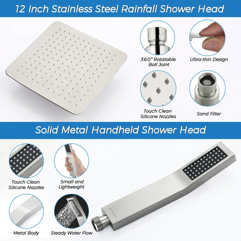 12 Inch Rainfall Shower Head With Handheld Spray Combo In Brushed Nickel, All Metal Build, showing square head and handheld wand