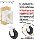Installation guide for Spring Loaded Gate Caster Kit For Wooden And PVC Fences, heavy duty 4.3 inch wheel, sturdy steel core.