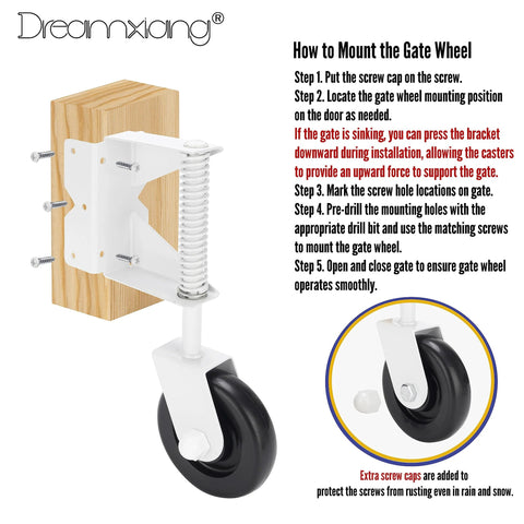 Installation guide for Spring Loaded Gate Caster Kit For Wooden And PVC Fences, heavy duty 4.3 inch wheel, sturdy steel core.