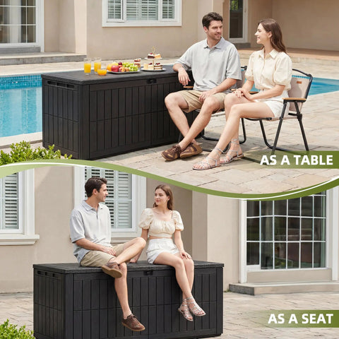 Big 120 Gallon Outdoor Deck Box Lockable Waterproof Storage Chest used as table and seat on patio