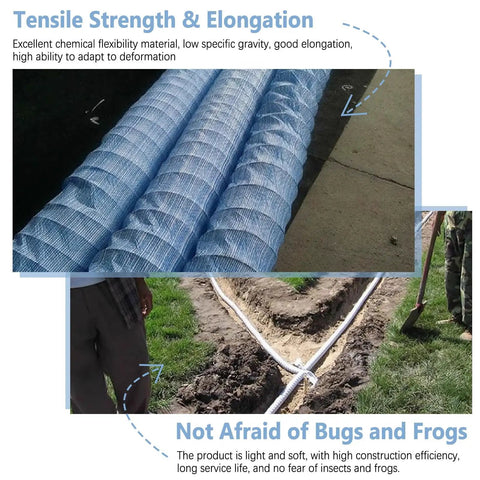 Blue Flex Drain Pipe With Nonwoven Filter Debris Mesh Flexible Land Drainage Tube for garden shown in outdoor installation.