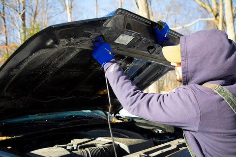 Person inspecting a car engine wearing Heavy Utility Work Gloves Large Three Pack Tough As Nails Construction Landscaping Job Site Flex Fit Breathable Palm Killer Grip All Purpose Hand Protection Comfortable Everyday Grind.
