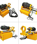 Front view of LGXEnzhuo Line portable boring machine with yellow base, black motor, and control box.
Side view of LGXEnzhuo portable boring machine showing yellow frame, long bore bar, and motor.
Angled rear view of portable boring machine with yellow base and 4.9 ft boring bar.
Close-up of boring head mounted on yellow frame with clamps and green hose.