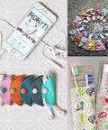 Various colorful handmade cases and holders for organizing headphones and toothbrushes, displayed next to a smartphone and accessories.