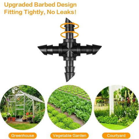 1/4 Inch Drip Irrigation Cross Fittings Barbed 4-Way Tee Connectors Kit For 1/4 Inch Tubing with gardening examples