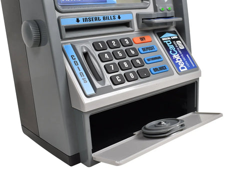 Talking ATM Piggy Bank For Kids With Digital Screen And Real Money Calculator, Interactive Savings Safe Box with bank card slot, silver