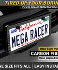 Slick Carbon Fiber License Plate Frame Set With A Dope Slim Profile And Fully Weatherproof Build For Quick Two Hole Universal Front Rear Swap On Your Daily Driver Ride mounted on black vehicle.
